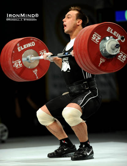 Kazakhstan’s Ilya Ilin is ramping up for the London Olympics as shown by the way he hammered this 226-kg second attempt clean and jerk at the World Weightlifting Championships tonight.  IronMind® | Randall J. Strossen photo.