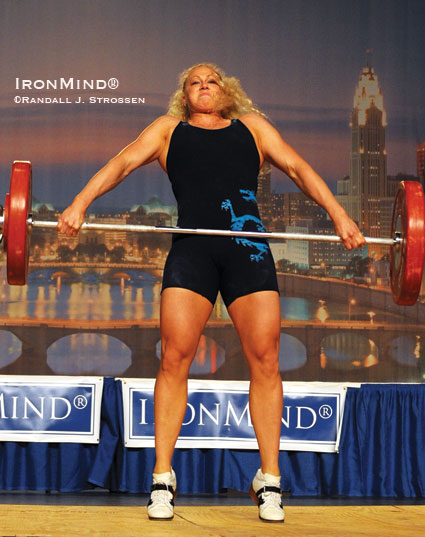 Ingrid Marcum lifted at the IronMind® Invitational at the 2009 Arnold - this photo of her is included in the October issue of Iron Man magazine.  IronMind® | Randall J. Strossen photo.
