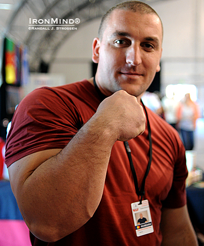 Yesterday was quite a day for Ioan Cristian Puscasu—he was certified on the No. 3.5 Captains of Crush Gripper and he placed 3rd in the superheavyweight class at the WAF World Armwrestling Championships.  IronMind® | Randall J. Strossen photo.  