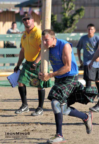 Jeff Thornton, 2012 SAAA Highland Games Lightweight world champion, on the caber.  IronMind® | Photo courtesy of Jaena Imboden.