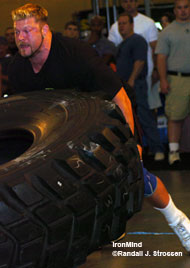 Some guys flip burgers and some flip tires: The ever-effervescent Jesse Marunde is expected to be a favorite in the 2006 MET-Rx World's Strongest Man contest, and the August issue of IRONMAN magazine has Jesse and his training covered. IronMind® | Randall J. Strossen, Ph.D. photo.