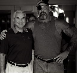 Jim Davis (right) with Gil Engler of Children's Miracle Network (St. Louis, Missouri). IronMind® | Randall J. Strossen, Ph.D. photo.