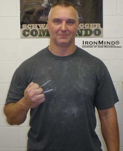 41-year old John Wojciechowski stands 6’ 2” tall and weighs 265 lb., and the IronMind Red Nail proved no match for his strength.  IronMind® | Photo courtesy of John Wojciechowski.