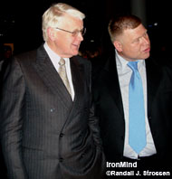 Icelandic President Olafur Ragnar Grimsson (left) is greeted by Hjalti Arnason at last night's premiere of the Jon Pall Sigmarsson film in Reykjavik. President Grimsson told IronMind® that he had seen Jon Pall "many times," and that when he travels abroad, he is often asked about the Icelandic superstar. IronMind® | Randall J. Strossen, Ph.D. photo.