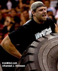 A finicky Fingal's Finger forced Josh Thigpen to run through the medley twice at the WSMSS Mohegan Sun Grand Prix, but it was worth it: Josh Thigpen is on his way to the 2006 World's Strongest Man contest. IronMind® | Randall J. Strossen, Ph.D. photo.