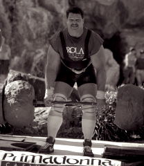 Ken Brown on the Flintstone Deadlift at the 1997 US Strongest Man competition (Primm, Nevada). IronMind® | Randall J. Strossen, Ph.D. photo.