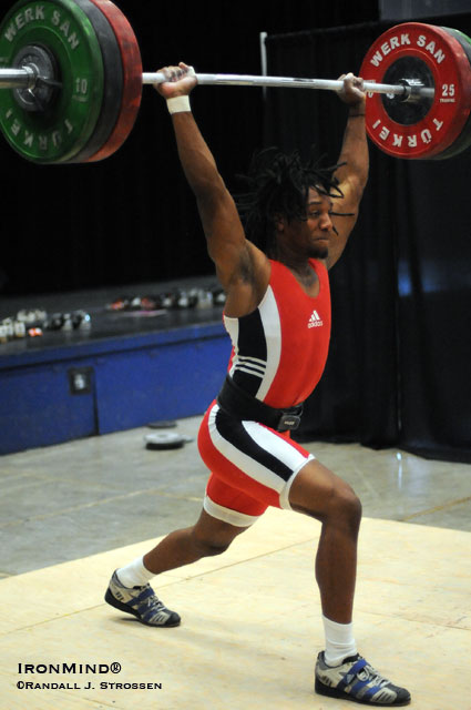 Keylin Mackey stuck this 152-kg clean and jerk as part of his perfect performance as an extra lifter at yesterday’s Werksan Springfest hosted by Sac High.  IronMind® | Randall J. Strossen photo.