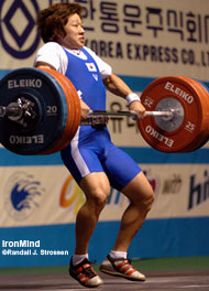 It's the money lift - this 169-kg clean and jerk gave Korea's Kim Sun-bae the gold medal in the 69-kg class, and it gave the host country of the Asian Junior Weightlifting Championships something big to cheer about. IronMind® | Randall J. Strossen, Ph.D. photo.