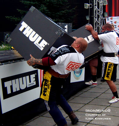 Loading 100-kg boxes is just another day in the office for top strongmen such as Pekka Halonen (left) and and Ervin Katona (right), who went through the paces in Kokkola, Finland this past weekend. IronMind® | Photo courtesy of Ilkka Kinnunen.