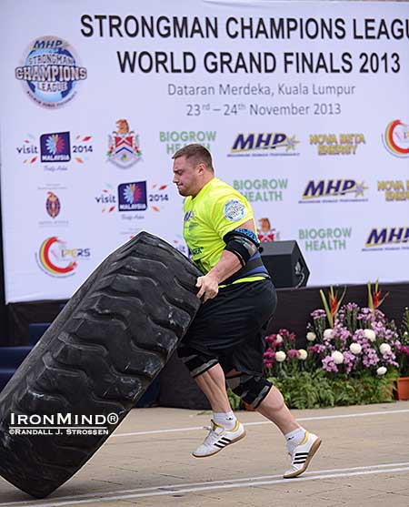 Krzysztof Radzikowski flew through the Tire Flip and finished off the SCL Grand Finale as the 2013 MHP Strongman Champions League World Champion.  IronMind® | Randall J. Strossen photo
