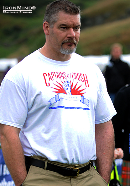 Laine Snook, shown watching the 2009 Highland Games World Championships (Edinburgh, Scotland), continues to do big things in the grip strength world and based on yesterday’s workout, he’s in a position to break the world record on the Rolling Thunder®.  IronMind® | Randall J. Strossen photo. 