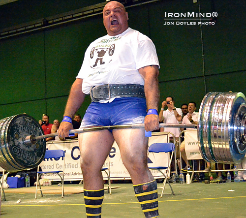 Laurence Shahlaei pulled this massive 432.5-kg deadlift on his way to winning the 2012 Britain’s Strongest Man contest, where he narrowly edged out Terry Hollands (who also deadlifted 432.5 kg!).  Shahlaei is starting at Giants Live–SCL Ideapark on June 9.  IronMind® | Jon Boyles photo.