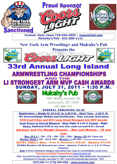 Who’s got the strongest arm on Long Island?  Come to Mulcahy’s pub on July 31 and find out.  IronMind® | Courtesy of NYAWA.