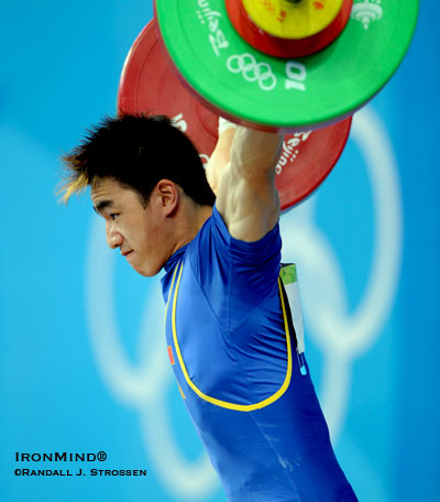 You know what they say about gaining experience and making your openers: This was Liao Hui's second international meet and he missed both his openers, yet he ended the evening as the Olympic gold medalist in weightlifting's 69-kg category. IronMind® | Randall J. Strossen, Ph.D. photo.
