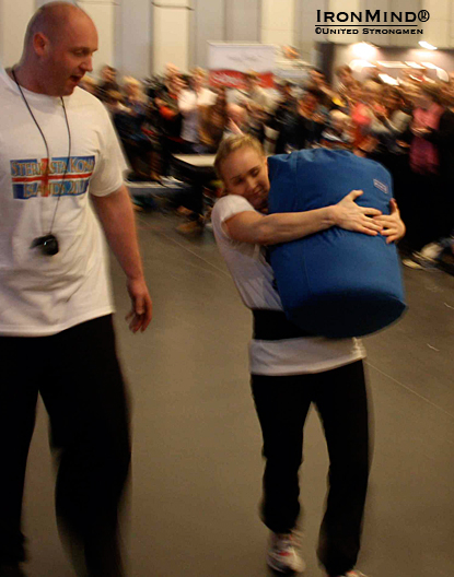 Lilja Rut Jónasdóttir in the sack race.  IronMind® | Courtesy of United Strongmen.