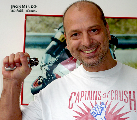 Manfred Hoeberl still has his original Captains of Crush T-shirt from the 1990s . . . when he nearly closed a No. 3 gripper on sight and would subsequently go on to get certified after audibly clicking the handles together.  IronMind® | Photo courtesy of Manfred Hoeberl.