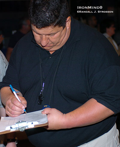 This is was a big moment at the 2004 World Muscle Power Championships, and the man in charge of sorting out the scores will also be calling the shots at Fortissimus . . . Marc Lauzon. IronMind® | Randall J. Strossen photo.