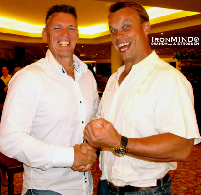  Not all is flames and daggers between the respective heads of Strongman Champions League (Marcel Mostert, left) and Giants Live (Colin Bryce, right), though, and this weekend they will be joining forces in Kiev for a strongman extravaganza.  IronMind® | Randall J. Strossen photo.