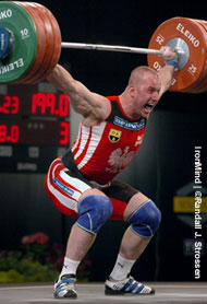 How sweet it is: Marcin Dolega snatches a world-record 199 kg on his way to victory in the 105-kg category at the European Weightlifing Championships today. IronMind® | Randall J. Strossen, Ph.D. photo.