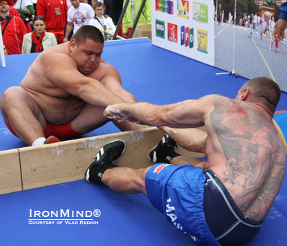 Oleksandr Lashyn (Ukraine) shown mas wrestling.  IronMind® | Photo courtesy of WSF.