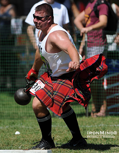 Mike Pockoski builds speed on the 56-lb. weight for distance.  Pockoski finished 4th overall in the individual rankings and his teammate, 5-time world champion Ryan Vierra, was right behind him.  In this case, 4 + 5 = 1 as the teammates won the 2011 IHGF World Team Championships.  IronMind® | Randall J. Strossen photo.