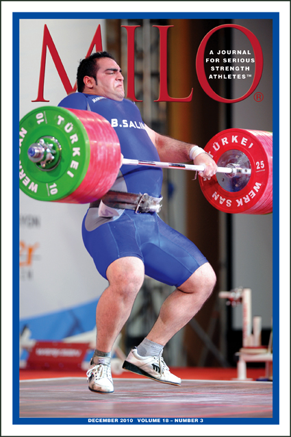 Behdad Salimi (Iran) missed the jerk on this 247-kg third attempt, but no matter:  He won the super heavyweight class at the 2010 World Weightlifting Championships, along with the traditional title of "the strongest man in the world."  IronMind® | Randall J. Strossen photo.