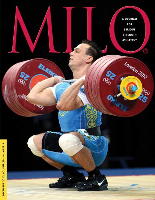 Ilya Ilin (Kazakhstan) put on quite a show at the London Olympics as he set five world records, including this 233-kg clean and jerk, and five Olympic records on his way to winning the gold medal in the 94-kg class.  Randall J. Strossen photo.
