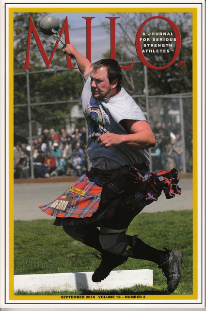 G-forces on the field of play: Larry Brock develops some serious rotational inertia on the 28-lb. weight for distance as he spins years of hard work into a big victory at the 2010 IHGF Heavy Events World Championships in Victoria, British Columbia, Canada.  IronMind® | Randall J. Strossen photo.