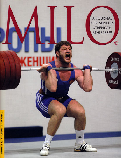 Khadjimourad Akkaev gave his Russian team something big to cheer about at the European Weightlifting Championships as he put together six good lifts to end the day with all three gold medals in the 105-kg class and a very impressive 425-kg total, which serves notices that he’s a podium favorite for the London Olympics next year.  IronMind® | Randall J. Strossen photo.