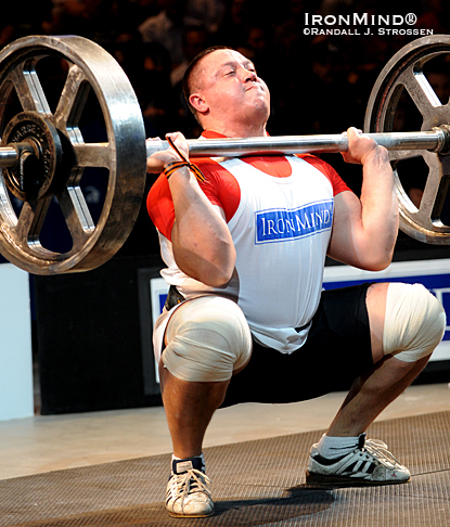 Misha Koklyaev, a veteran of the Apollon’s Axle world record battle at Giants Live-Mohegan Sun 2009, is expected be in the thick of things when round two begins at Wembley Arena.  Unlike Zydrunas Savickas, who is likely to continental and then push press the bar, Koklyaev, who placed fifth at the 2004 European Weightlifting Championships, might follow a squat clean with a split jerk to elevate bar.  IronMind® | Randall J. Strossen photo.