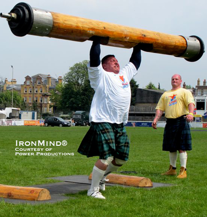 Misha Koklyaev hits 190 kg for a British All-Comers record in the Log Lift.  IronMind® | Courtesy of Power Productions.