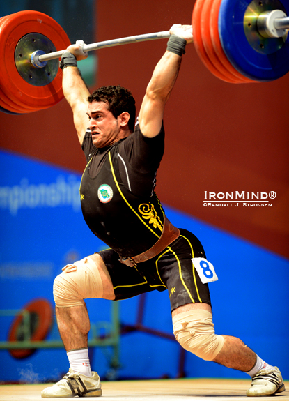 This might not be a style that someone would coach, but the results would please anyone: Sourab Moradi cleaned and jerked 216 kg to win the 85-kg class at the 2012 Asian Weightlifting Championships.  IronMind® | Randall J. Strossen photo.