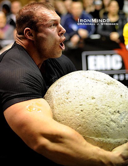 Morgan Aste brings a very impressive physical package to strongman, and with some more experience he should be able to advance in the sport.  Incidentally, right after winning the title, with no warmup or fuss, Aste clicked a No. 2 Captains of Crush® Gripper shut.  IronMind® | Randall J. Strossen photo.