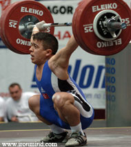 Mutlu hit this 140-kg snatch while lifting in the 62-kg category at this year's European Weightlifitng Championships (Sofia, Bulgaria). IronMind® | Randall J. Strossen, Ph.D. photo.