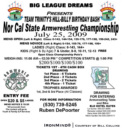 Men’s open and novice, plus classes for women and kids - the Nor Cal State Armwrestling Championships are this weekend.  IronMind® | Artwork courtesy of Bill Collins.