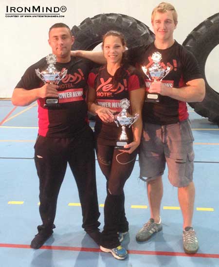 105-kg winner Bjornar Kvernstuen (left), women´s champion Janne Grandalen-Flo (middle) and -90kg champion Andreas Valand (right).  IronMind® | ©www.unitedstrongmen.com