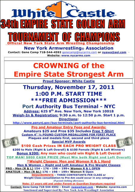 The NYC Port Authority Bus Terminal will host the 2011 White Castle Empire State Golden Arm Championships, featuring some big name arm wrestlers as well as giving amateurs a chance to pull.  IronMind® | Courtesy of NYAWA.