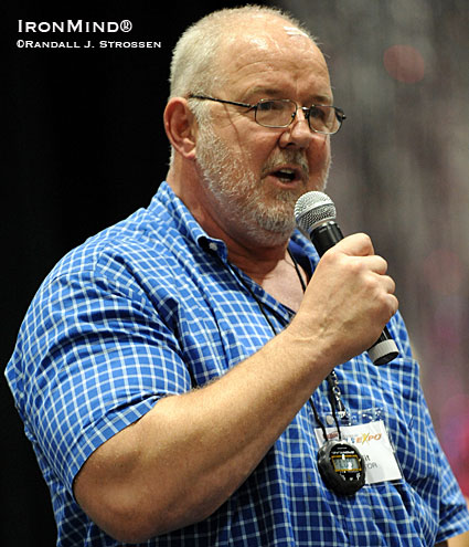 Promoter–competitor Odd Haugen is on his way to becoming an AARP poster boy as he will show being 60-something is just a number when it comes to grip strength.  IronMind® | Randall J. Strossen photo.