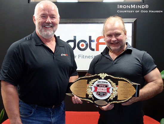 Odd Haugen (left) and Ulf Bengtsson (right) with the World Strongman Super Series title belt.  Points toward the belt will be on the line in Venice, California this weekend.  IronMind® | Photo courtesy of Odd Haugen.