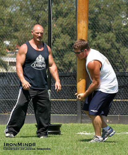 Under the watchful eye of seven-time caber world champion Francis Brebner, IHGF clinic participants honed their technique.  IronMind® | Courtesy of Jenna Imboden. 