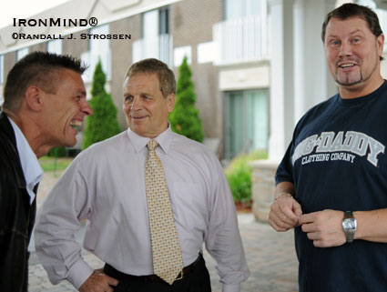 Enjoying the serious business of strongman (left to right): Marcel Mostert, Paul Ohl, Magnus Ver Magnusson.  IronMind® | Randall J. Strossen photo.