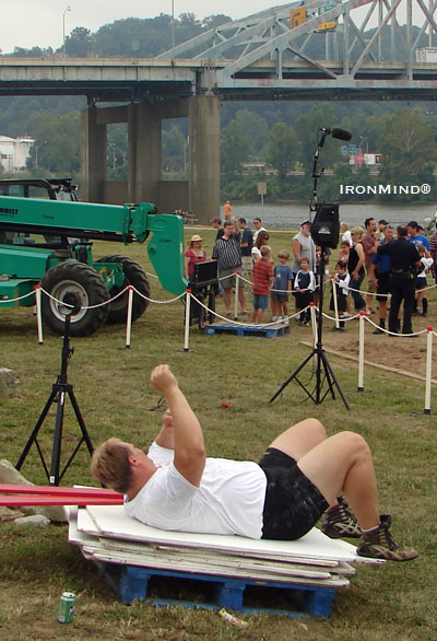 Laid back and armed with the confidence of one who's already won the World's Strongest Man contest, 2006 WSM winner and local hero Phil Pfister relaxes on the set at the MET-Rx World's Strongest Man qualifiers a couple of days ago. IronMind® | Submitted photo.