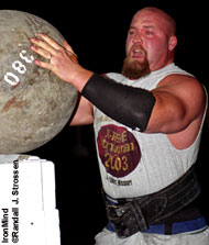 Don Pope (shown loading the 380-lb. stone at the 2003 Xtreme Strongman Challenge in St. Louis) has notched some impressive performances at the World's Strongest Man contest, and he will be competing at the WSMSS Moscow Grand Prix with an eye toward qualifying for the 2006 MET-Rx WSM contest. IronMind® | Randall J. Strossen, Ph.D. photo.