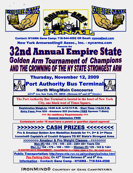 New York’s Port Authority Bus Terminal will be home to the 32nd Annual Empire State Golden Arm Tournament on November 12.  IronMind® | Artwork courtesy of Gene Camp/NYAWA.