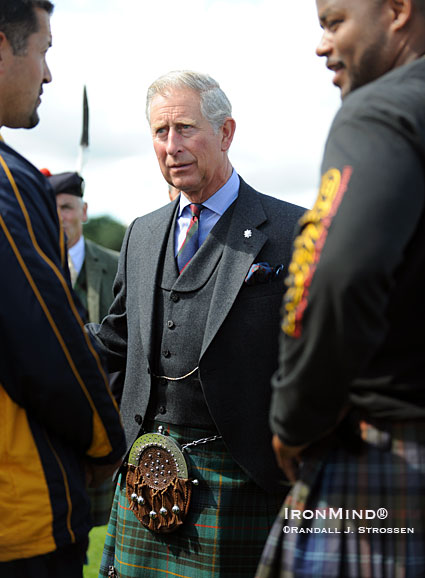 Prince Charles greeted the competitors in the Highland Games World Championships today - that’s Pat Hellier to the left of His Royal Highness and Harrison Bailey III on the right.  IronMind® | Randall J. Strossen photo.
