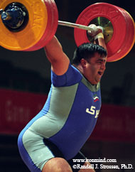 Iran's superstar weightlifter Hossein Rezazadeh nailed this 213.5-kg world record snatch at the 2003 Asian Weightlifting Championships (Qinhuangdoa, China). IronMind® | Randall J. Strossen, Ph.D. photo.