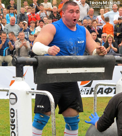 Sergii Romanchuk finished second in the Atlas Stone for reps and first overall at Giants Live–Ukraine.  Giants Live is the official qualifying tour of the World’s Strongest Man contest and this was the final contest in its 2011 season.  IronMind® | Courtesy of Colin Bryce.