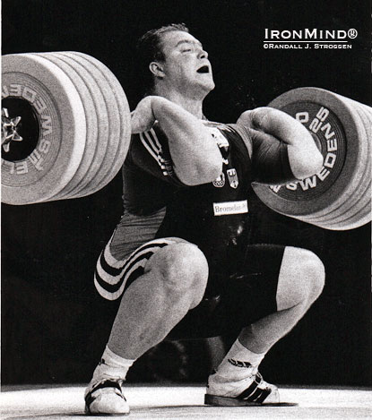He’d already gone five-for-five, broken a world record and pocketed all three gold medals in the +105 kg category at the 1998 European Weightlifting Championships, but when he called for this 260-kg in the clean and jerk—and made the lift—Ronny Weller brought down the house as he also broke the world record in the total.  IronMind® | Randall J. Strossen photo.