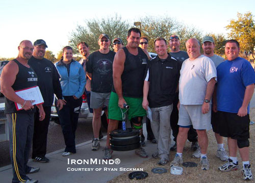 John Godina, Ryan Vierra and Francis Brebner teamed up to run a Highland Games clinic this past weekend, with a Rolling Thunder® contest capping off the fun.  Highland Games pro Andrew Hobson (center) took top honors in the Rolling Thunder®.  IronMind® | Photo courtesy of Ryan Seckman.