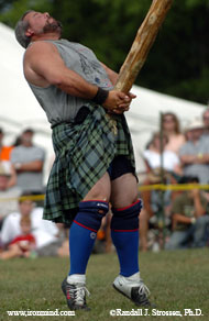Ryan Vierra finishes the first day of the Highland Games Heavy Events World Championships with second place in the caber and the overall lead (Fergus, Ontario). IronMind® | Randall J. Strossen, Ph.D. photo.